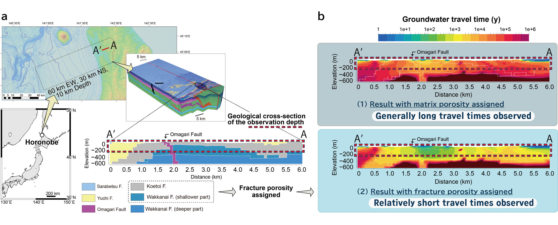 Fig. 2 Modeling area for groundwater flow analysis and results of groundwater travel time simulation