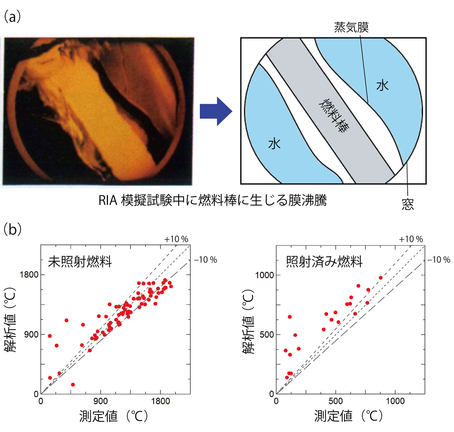 図1 事故時特有の燃料挙動の一つである膜沸騰*1とFEMAXI-8.1による最高被覆管表面温度の検証解析の結果（グラフの破線は解析値と測定値の誤差が±10 %の領域を表す）</b><br /></p>