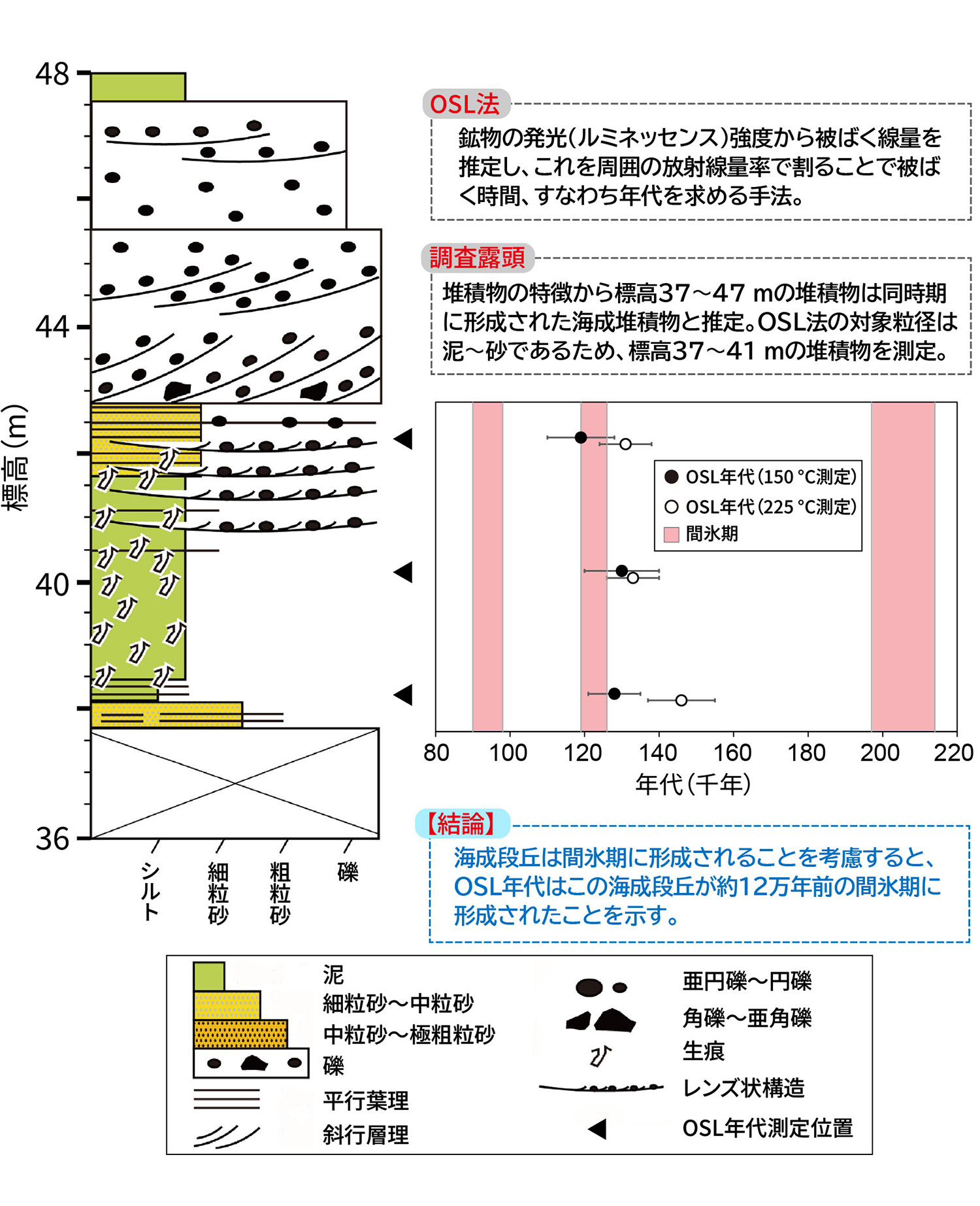図1&emsp;試料採取露頭の柱状図とOSL年代