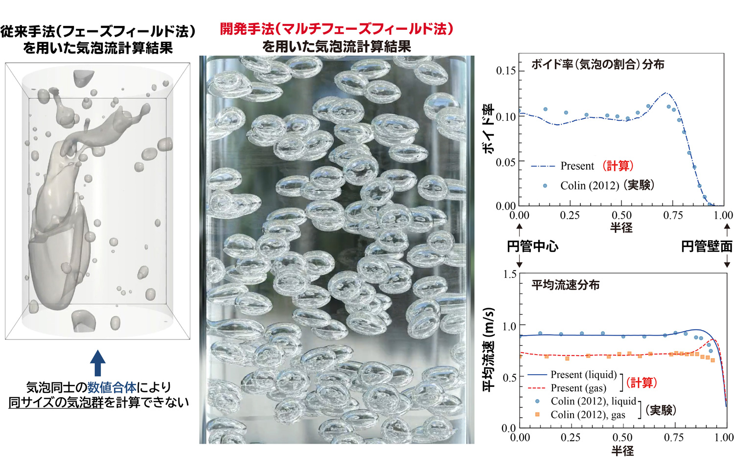 図1 マルチフェーズフィールド法を用いた気泡流計算結果