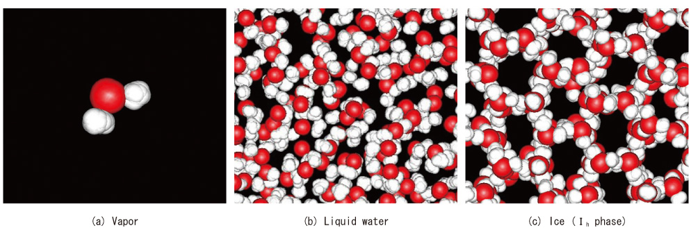 Fig.10-7 Red and white spheres indicate oxygen and hydrogen atoms, respectively By molecular dynamics simulation, the motion of molecules is analyzed in a computer.