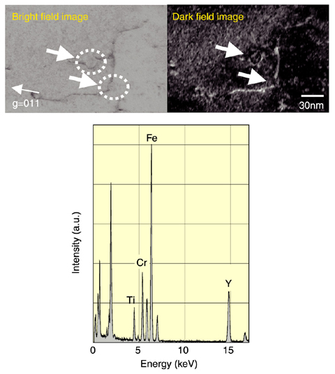 Fig.1-6 Bright and dark field images of oxide pinning dislocation and EDS from the oxide