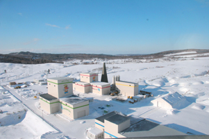 Winter view of the Horonobe Underground Research Laboratory from the viewing platform of the Public Information House