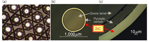 Fig.7-17 Photos of ZrC coated particles, (a) appearance and (b)(c) cross sections