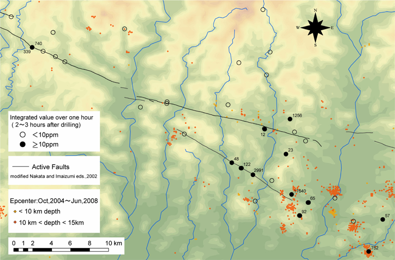 Fig.2-13 Distribution of density of hydrogen gas around Yamazaki fault zone