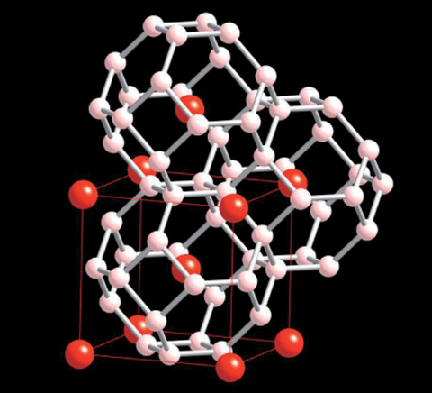 Fig.14-14 Positions of vacancies (white balls) where hydrogen can enter in a body-centered cubic lattice (red balls)