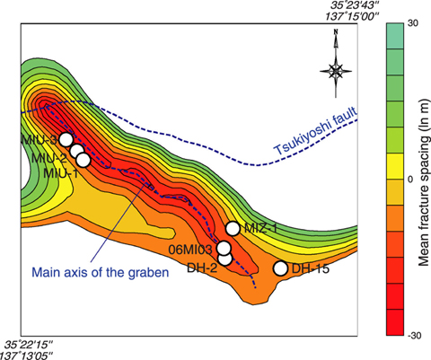 Fig.2-18 Contour map of estimated fracture density distribution (Tsukiyoshi fault line and the main axis line of a graben show trace lines on unconformity)