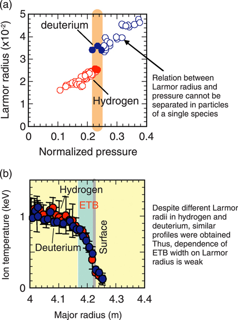 Fig.3-6 (a) Relation between normalized pressure and Larmor radius, (b) Ion temperature profiles in hydrogen and deuterium plasmas