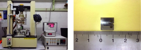 Fig.3-30　We developed test equipment (left) of fracture toughness for small size specimens (right)