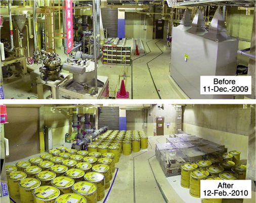 This photograph shows the states before and after dismantling in the hydration and conversion room (3rd floor). The equipment for the hydration preprocessing process and the dehydration reduction process, which made up the conversion process, were installed in the hydration and conversion room. We carried out the dismantling/removal of the utility equipment in this room in FY2008. The dismantling/removal of the processing equipment concluded in FY 2009.