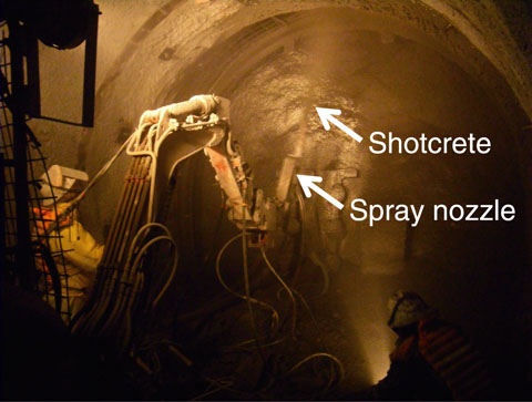 Fig.2-23　Spraying HFSC shotcrete in the drift