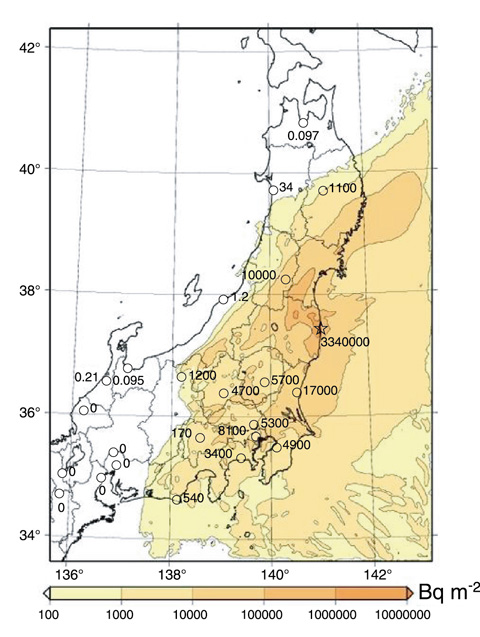 Fig.1-5　Surface deposition of Cs-137 over land in eastern Japan calculated using WSPEEDI