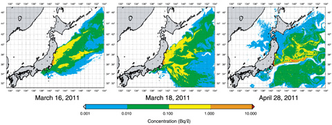 Fig.1-6　Concentration of Cs-137 at the sea surface predicted using a simulation assuming direct ocean release and atmospheric deposition