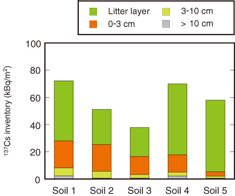 Fig.1-16　Vertical distribution of 137Cs in forest soils three months after the accident