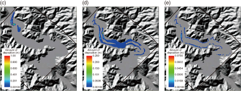 Fig.1-14　Examples of sediment deposition in terms of (c) sand, (d) silt, and (e) clay on the reservoir bed (map drawn using DEM data provided by the Geophysical Survey Institute)