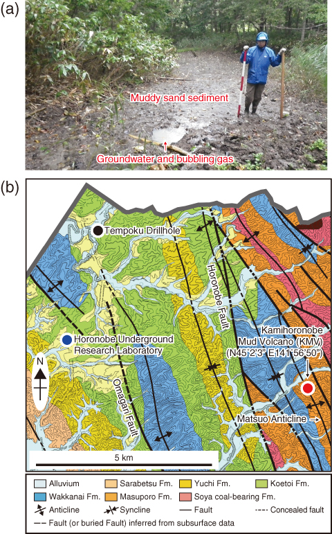 Fig.8-14　(a) Photograph of vent from which muddy sand and gas was sampled. (b) Geological map of the area of KMV
