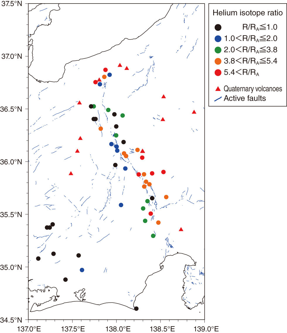 Fig.8-22　Geographical distribution of helium isotope ratios around the Itoigawa-Shizuoka tectonic line
