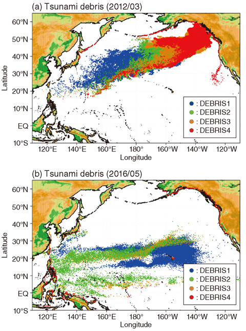 Fig.4-25  Distribution of tsunami debris in (a) March 2012 and (b) May 2016