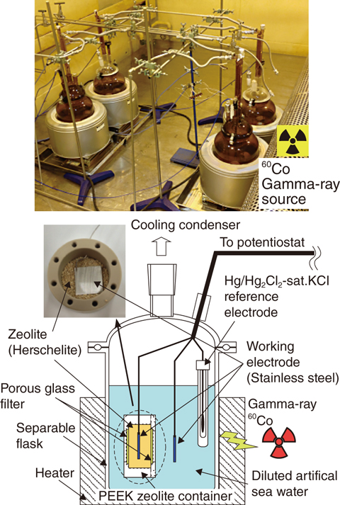 Fig.1-15  The appearance of the test equipment in the gamma-irradiation room and a schematic of the electrochemical-testing cell
