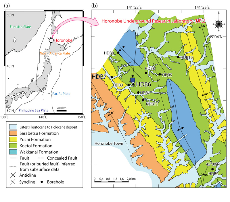 Fig.8-15 Maps showing the location of the Horonobe URL site and boreholes (a) location map and (b) geological map 