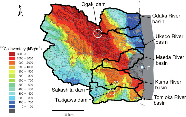 Fig.1-35  A spatial distribution of the 137Cs inventory between five river basins (Odaka River, Ukedo River, Maeda River, Kuma River, and Tomioka River) near the 1F (data from the Second Airborne Monitoring Survey, May 2011)