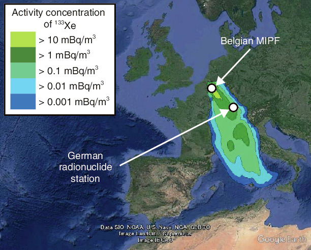 Fig.10-2  Atmospheric dispersion simulation of Xenon-133 (133Xe) emitted from a Belgian medical radioisotope production facility (MIPF)