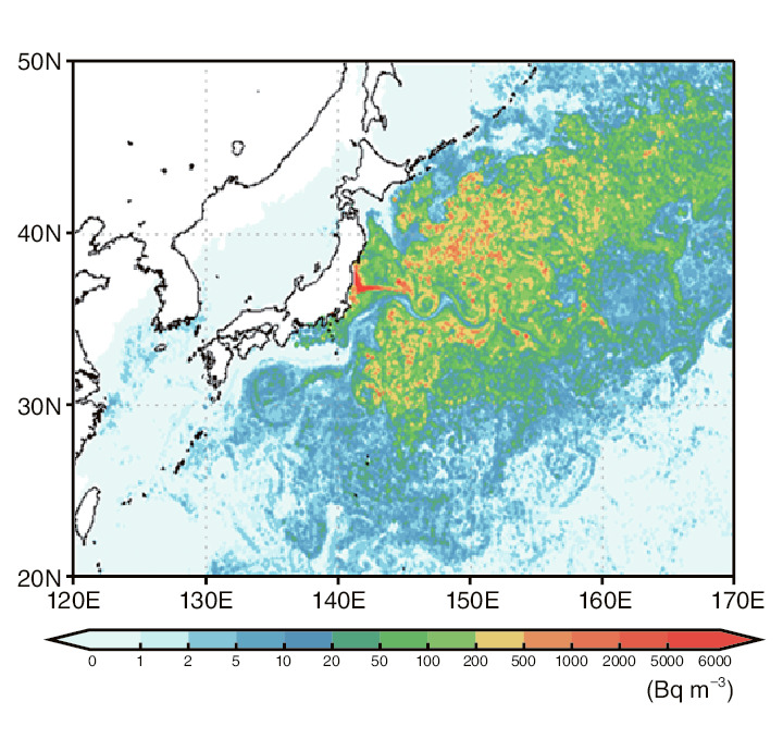 Fig.4-19  Exemplary calculation of radionuclide dispersion in the ocean due to the accident at the TEPCOfs Fukushima Daiichi NPS (1F)