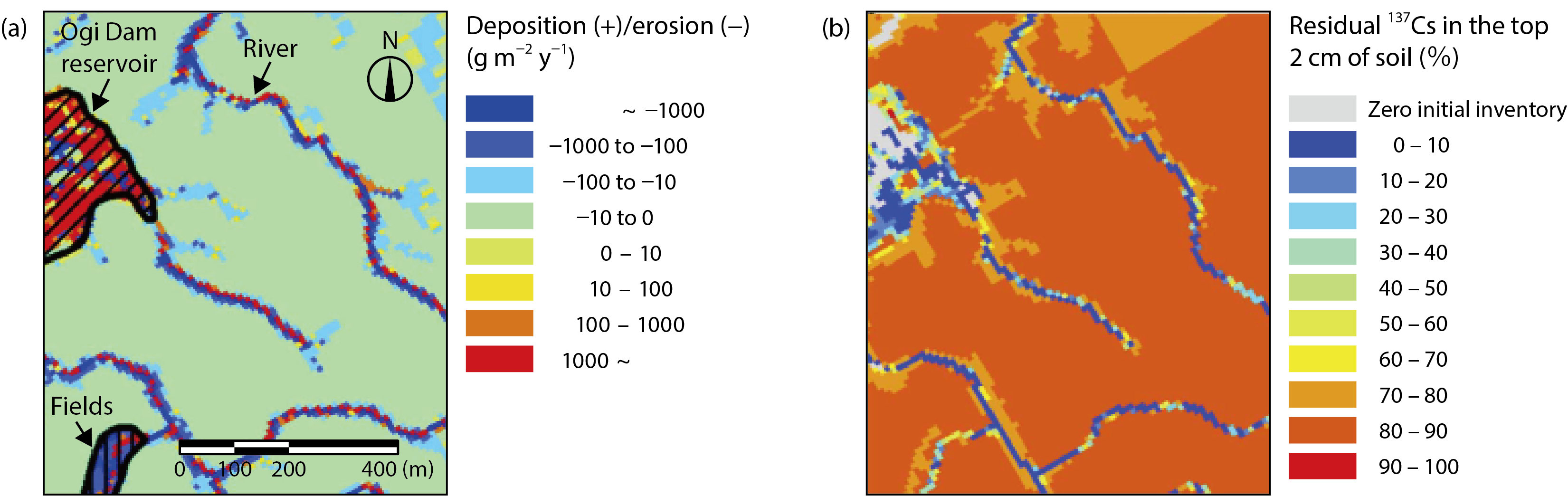 Fig.1-31  The amount of sediment erosion and deposition (a) and the fraction of residual 137Cs (b) from May 2011 to December 2015