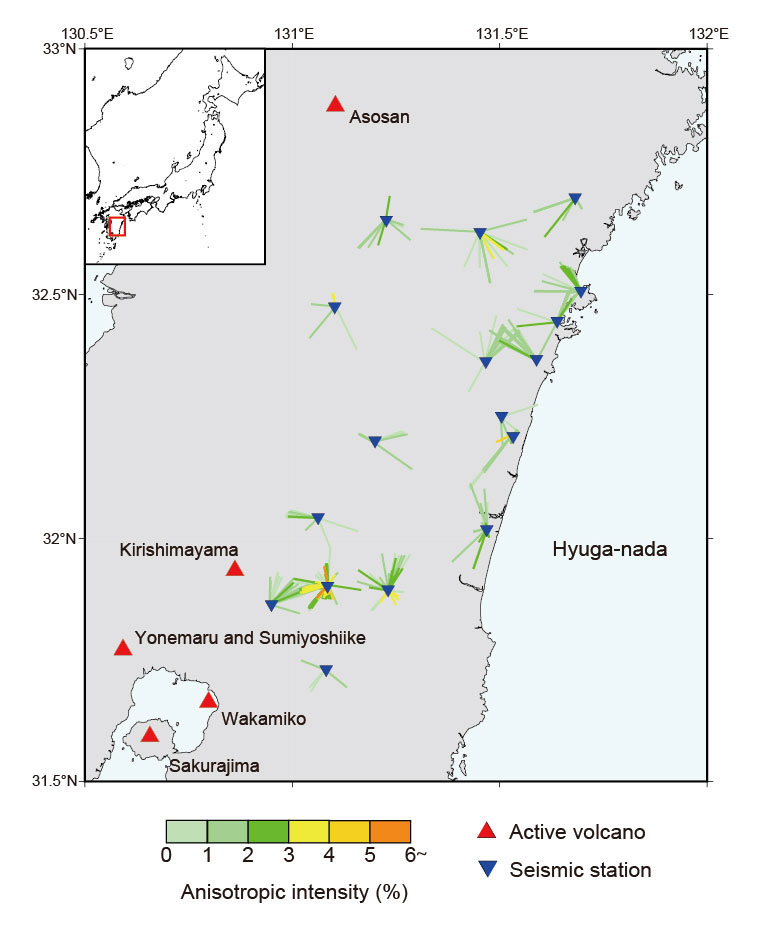 Fig.1 Seismic anisotropy intensity distribution in the study area obtained from seismic wave analysis