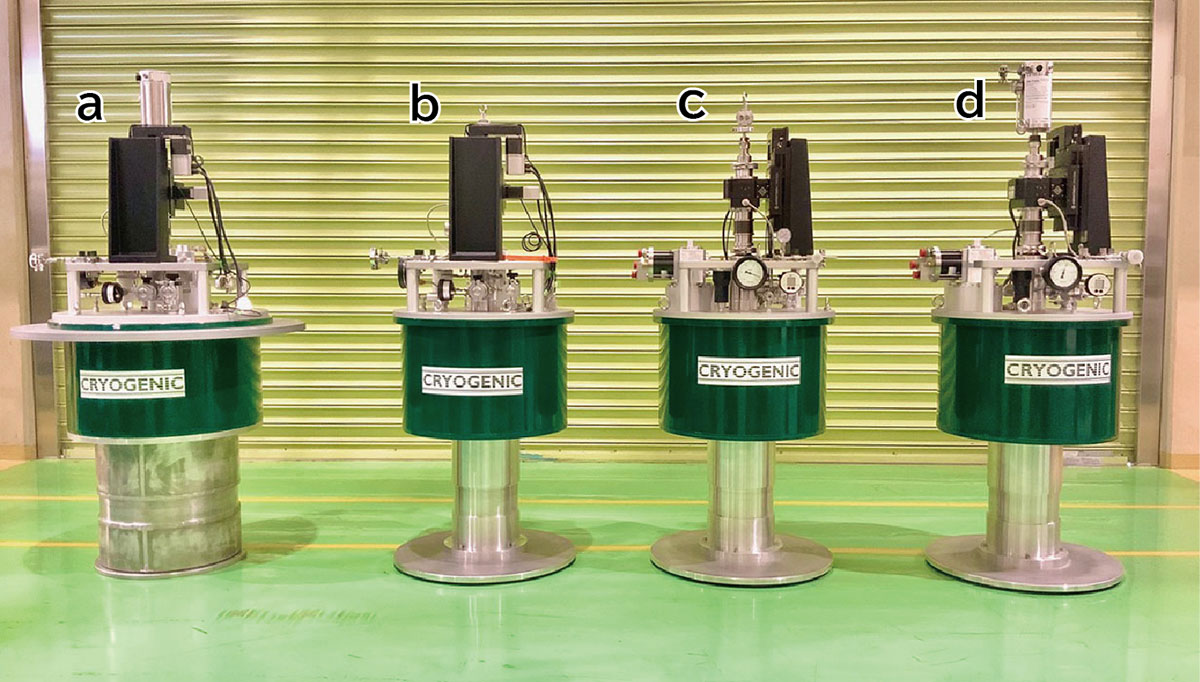 Fig.1 New Liquid-He-free superconducting magnet (a) and 1.5 K top-load cryostats (b-d)