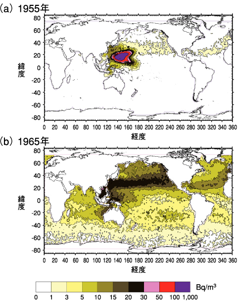 図12-8　LAMERによって算出した表層海水中137Cs濃度分布の経年変化