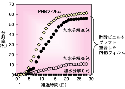 図4-22　アルカリによる加水分解の酢酸ビニルをグラフト重合したポリヒドロキシブチレート（PHB）の生分解性への影響