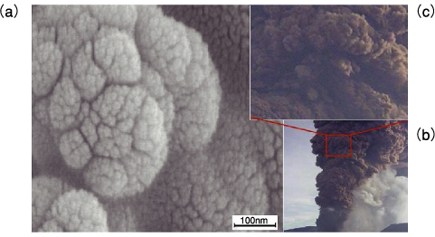 図6-9　酵素重合により生成したポリマーの自己組織化構造の走査電子顕微鏡像（a）と火口からの火山灰の噴煙構造（b）との比較 、（c）は（b）の拡大像