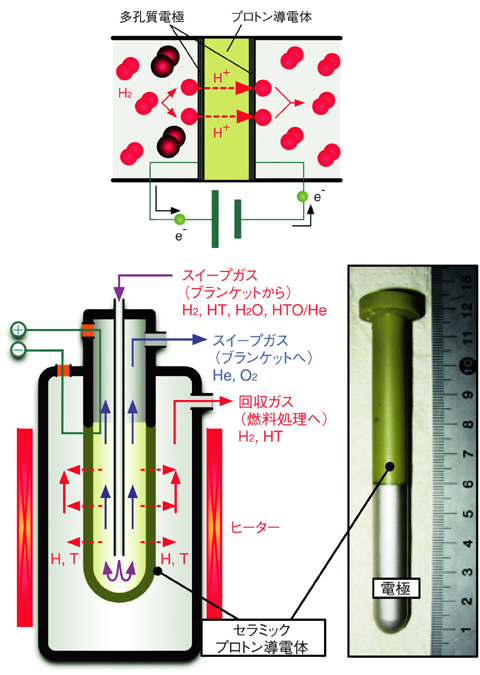 図3-19　水素ポンプの原理（上）と試験管型のプロトン導電性セラミック膜を用いた水素ポンプの概略図（下）
