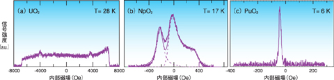 図6-6　UO2，NpO2及びPuO2で観測された酸素核NMRスペクトル