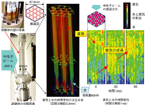 図7-5　中性子ビームを用いて発熱する模擬燃料集合体内部の蒸気と水の三次元空間分布及び時間変化を測定