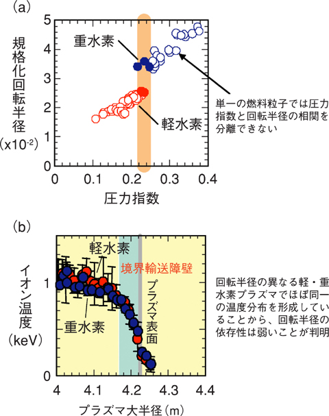 図3-6　（a）周辺プラズマにおける圧力指数と回転半径の関係，（b）軽・重水素プラズマ（同一圧力）でのイオン温度分布