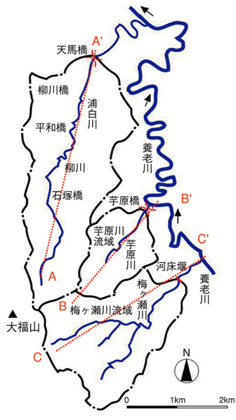 図5-18　流量観測，水質分析を行った3河川（浦白川，芋原川，梅ヶ瀬川）の位置図