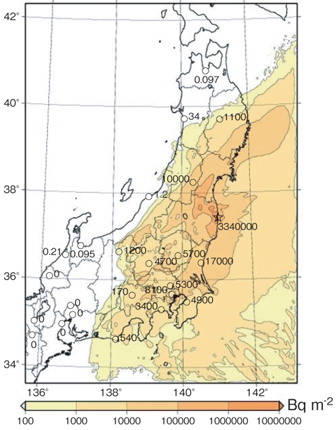 図1-5　WSPEEDIを用いて計算した東日本域のCs-137の地表面沈着量