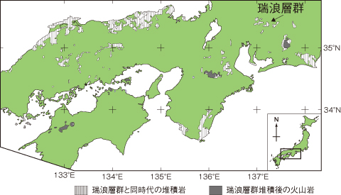 図8-20　西日本における瑞浪層群と同時代の堆積岩及び瑞浪層群堆積後の火山岩の分布