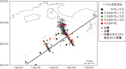 図8-23　鳥取県西部地震余震域のヘリウム同位体比