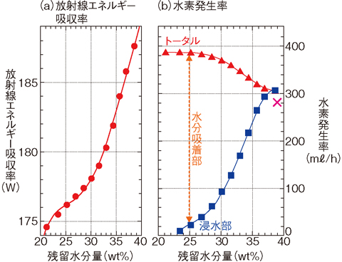 図1-46　吸着塔内の（a）放射線エネルギー吸収率と（b）水素発生率の評価例