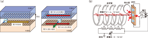 図3-8　（a）ラシュバ効果の概略図（b）スピン偏極陽電子ビーム測定の概略図