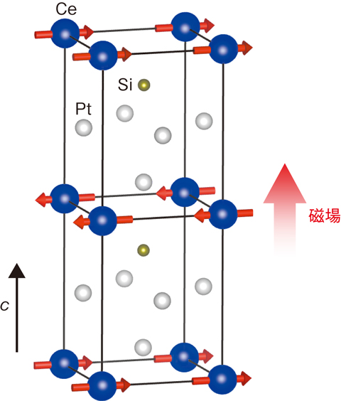 図5-16　CePt3Siの結晶及び反強磁性磁気構造と実験の概念