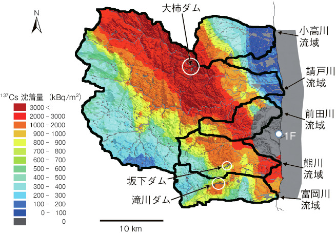 図1-35　1F近傍の5河川流域（小高川、請戸川、前田川、熊川、富岡川）における137Cs沈着量の分布（第2次航空機モニタリングデータ、2011年5月）
