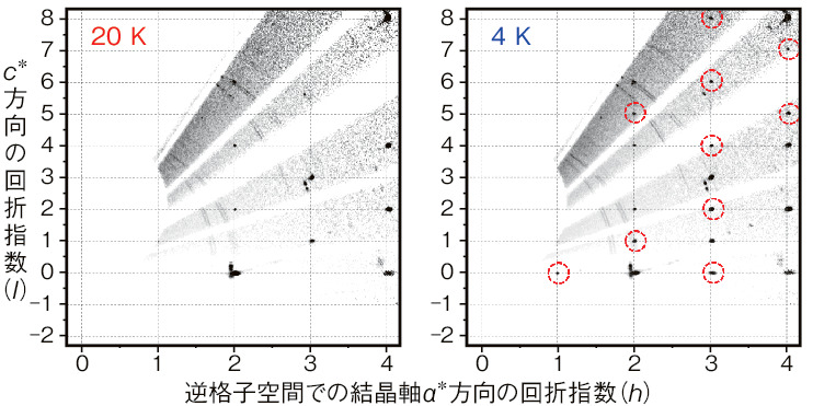 図5-4　20 Kと4 Kでのある面上での中性子回折強度分布