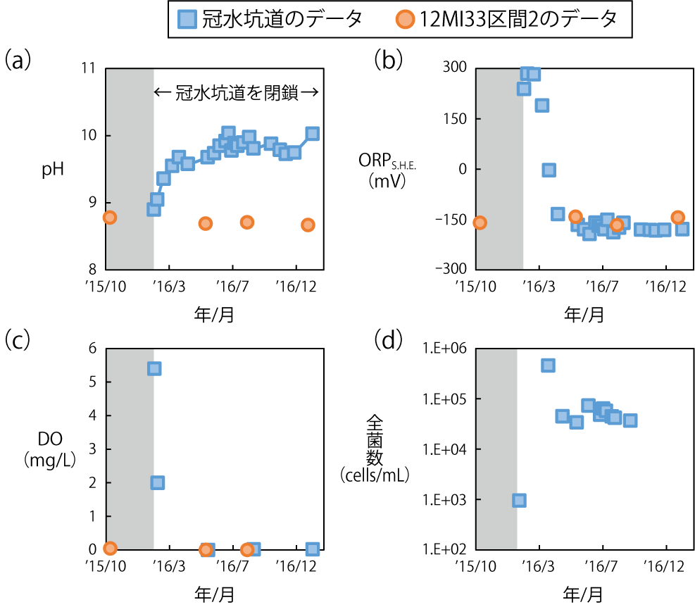 図8-9 坑道の閉鎖期間中における地下水水質と微生物数の変化