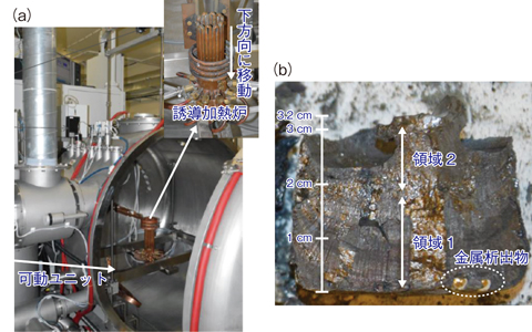 図１-３　（a）コールドクルーシブル誘導加熱炉の外観、（b）模擬燃料デブリの断面写真