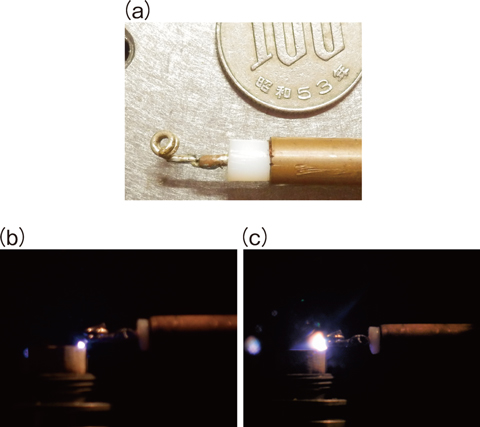 図１-６　（a）マイクロ波の電極と（b）（c）プラズマ発光の様子
